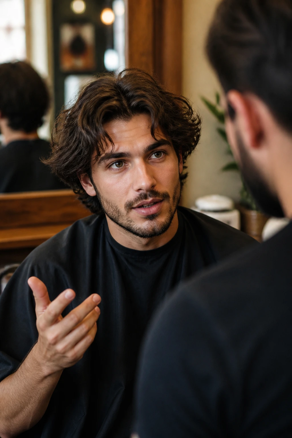Portrait of a man in a barber chair briefing his barber