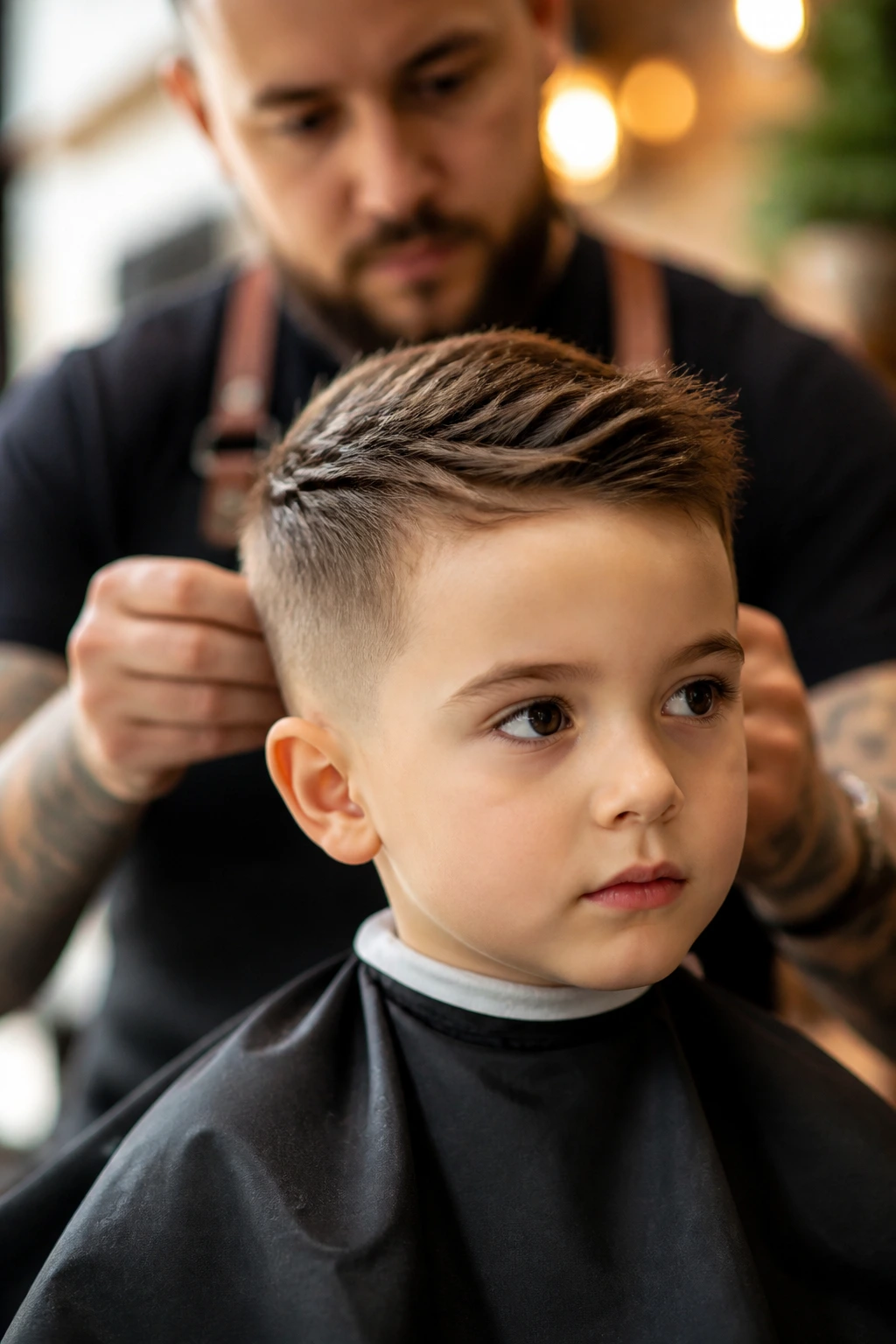 Close-up of real boy in barber chair with barber in soft background
