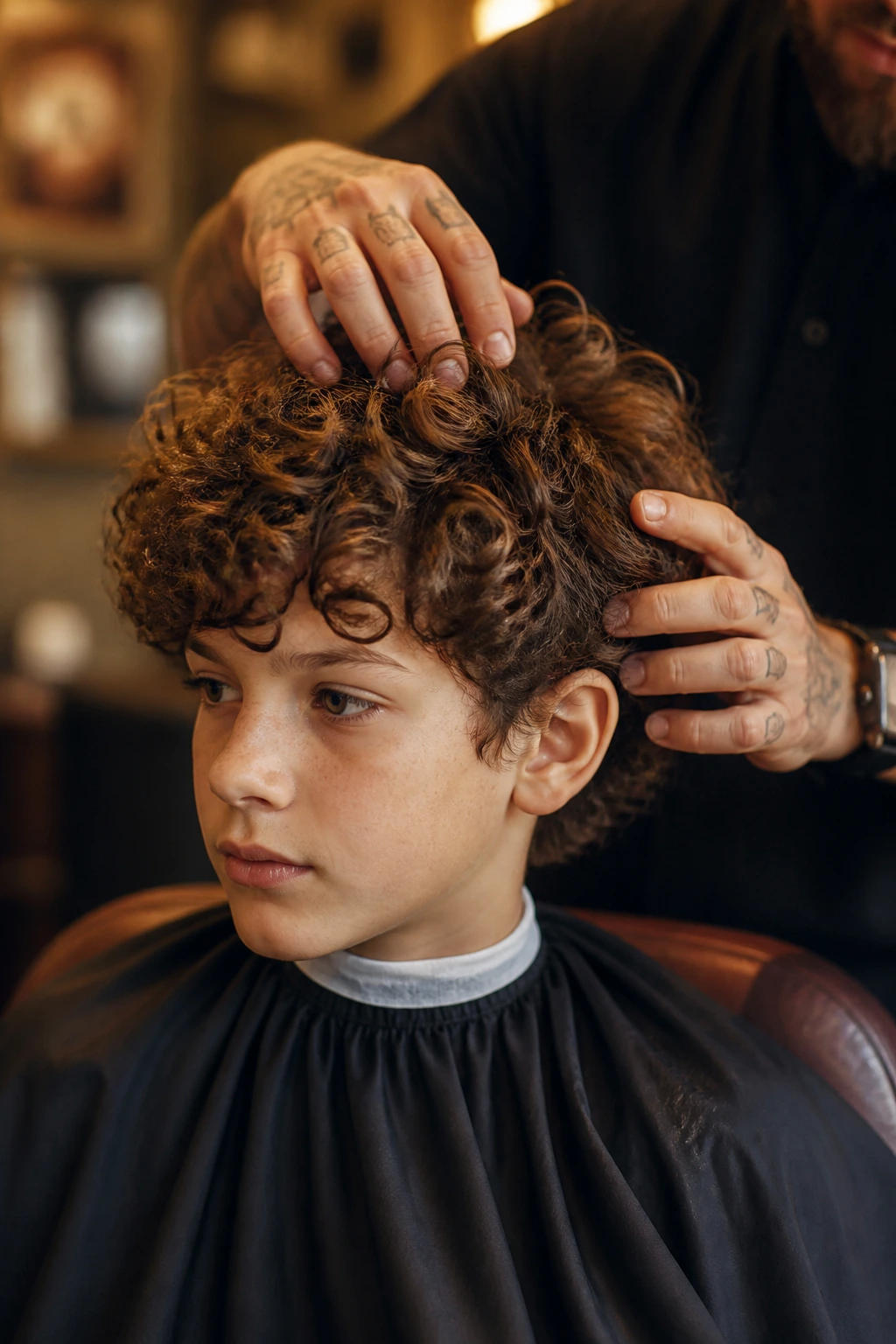 Boy in barber chair getting a curl-focused cut in barbershop