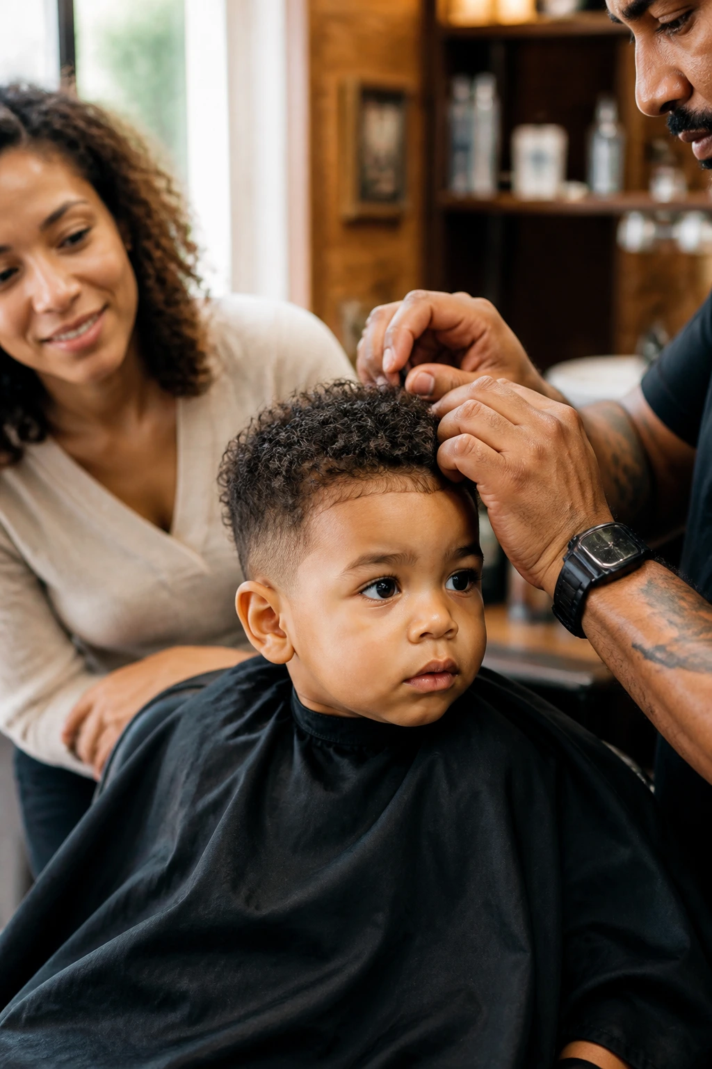 Close-up toddler boy with curly hair in barber chair, natural light