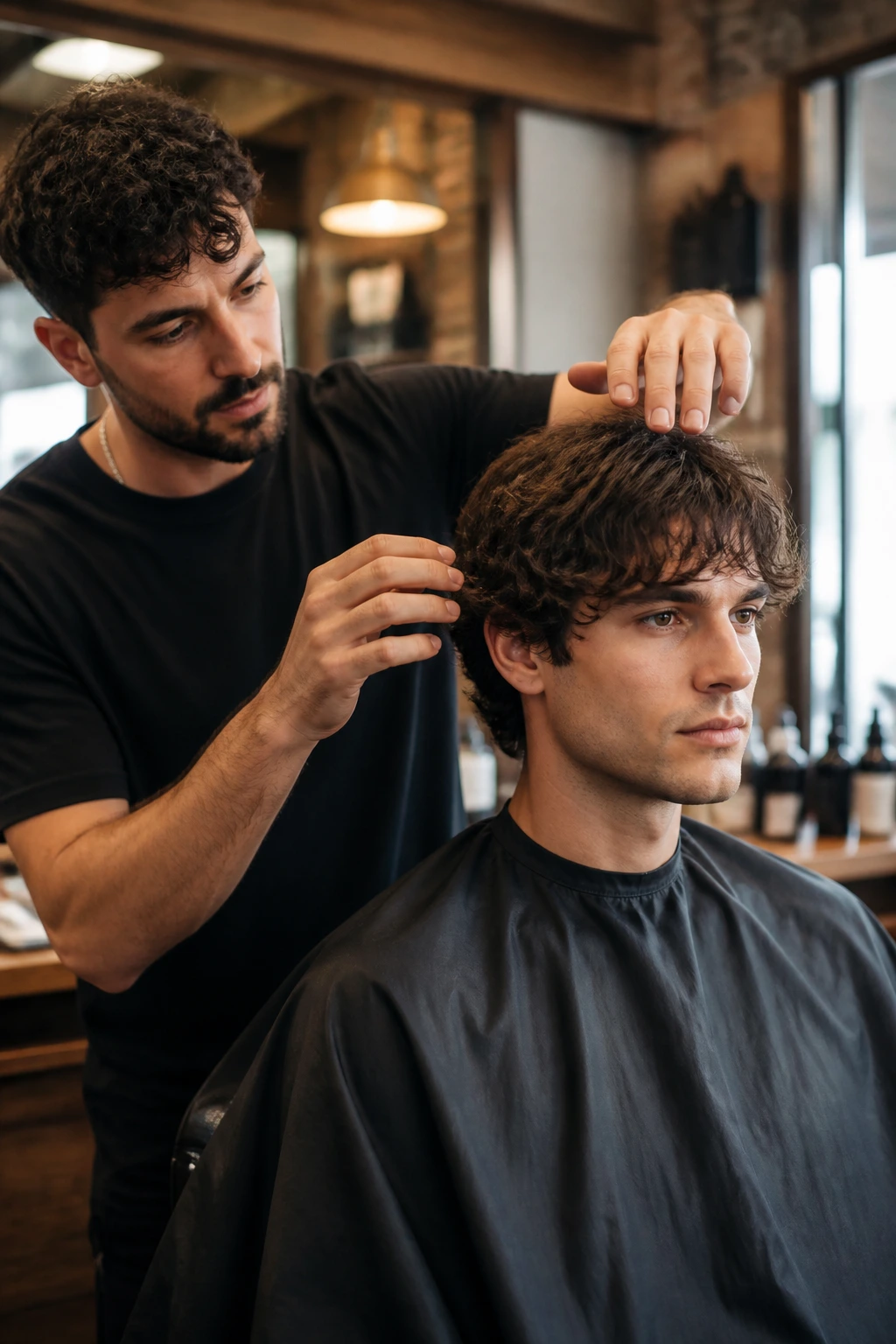 Man discussing haircut options with barber in warm barbershop