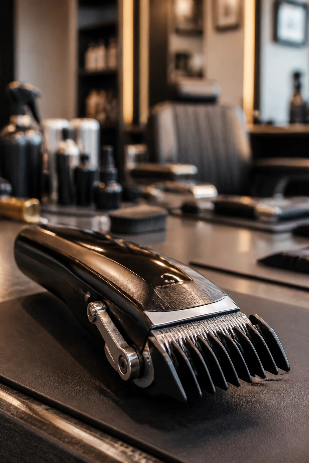 Close-up of an adjustable barber clipper with guard on a counter