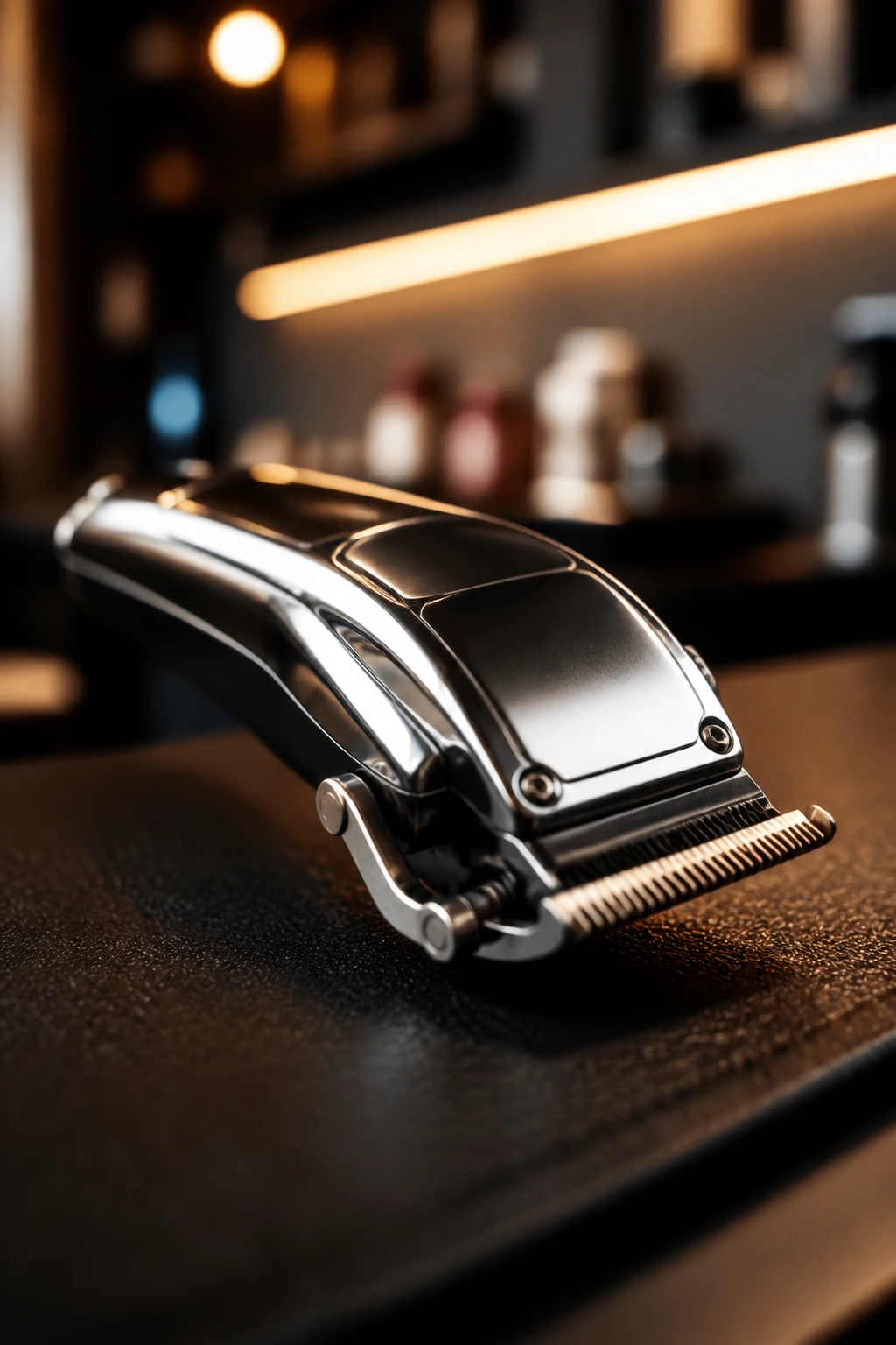 Close-up of a professional barber clipper on a dark surface in a salon setting