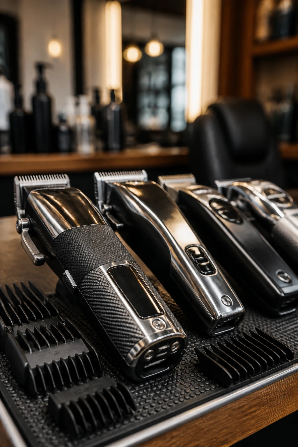 Close-up of barber clippers with guards on a clean station
