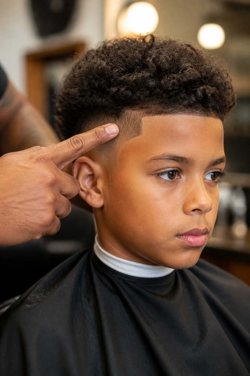 Close-up portrait of a real child in a barber chair focusing on hairline and crown guidance.