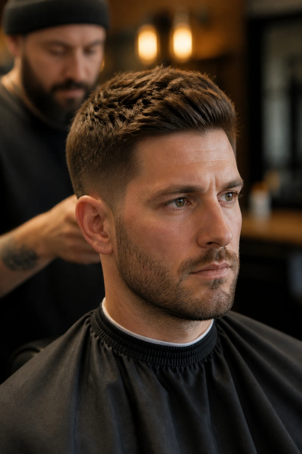 Portrait of a man communicating hairstyle preferences at a barber chair