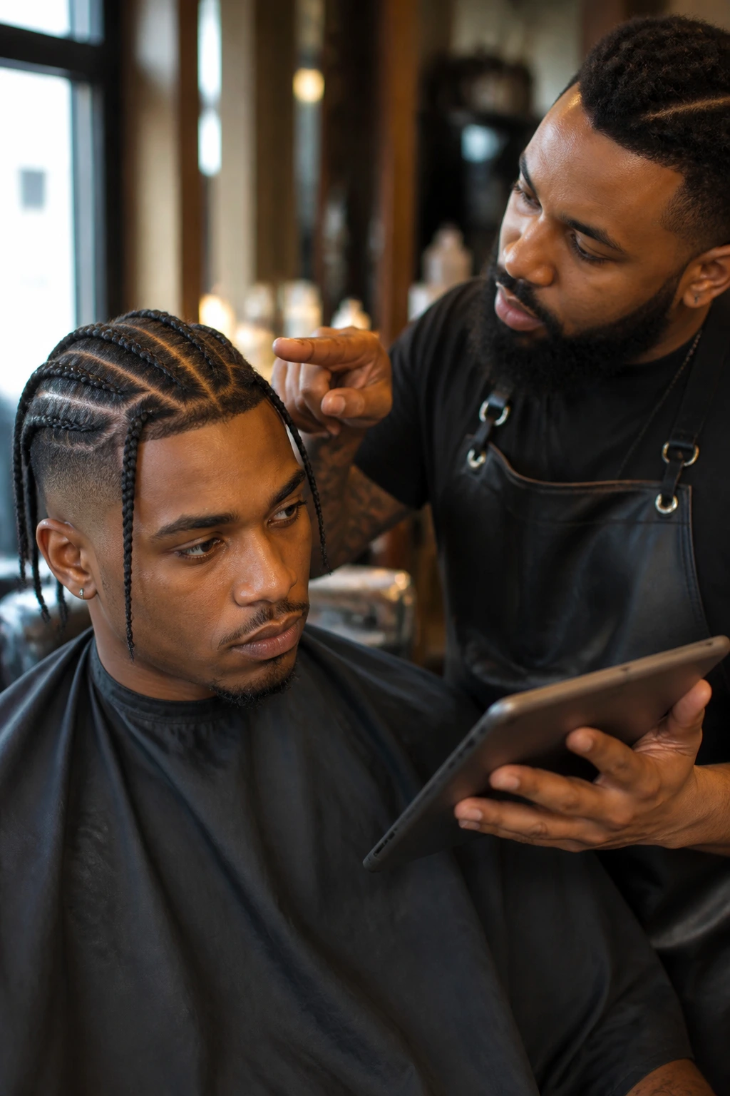 Barber consultation with client planning braid style.