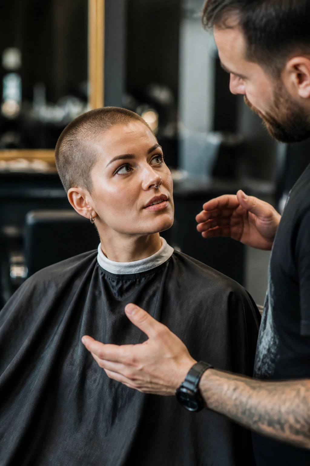 Client in barber chair discussing haircut with barber
