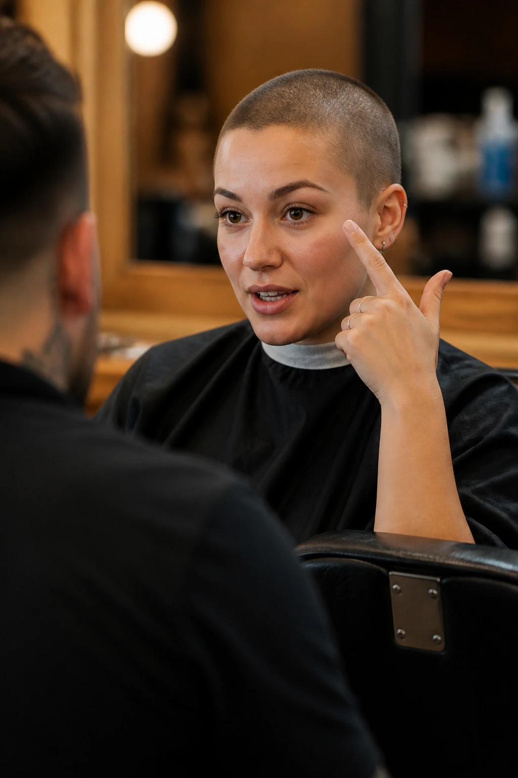 Portrait of a client in barber chair during consultation about guard numbers and fade.