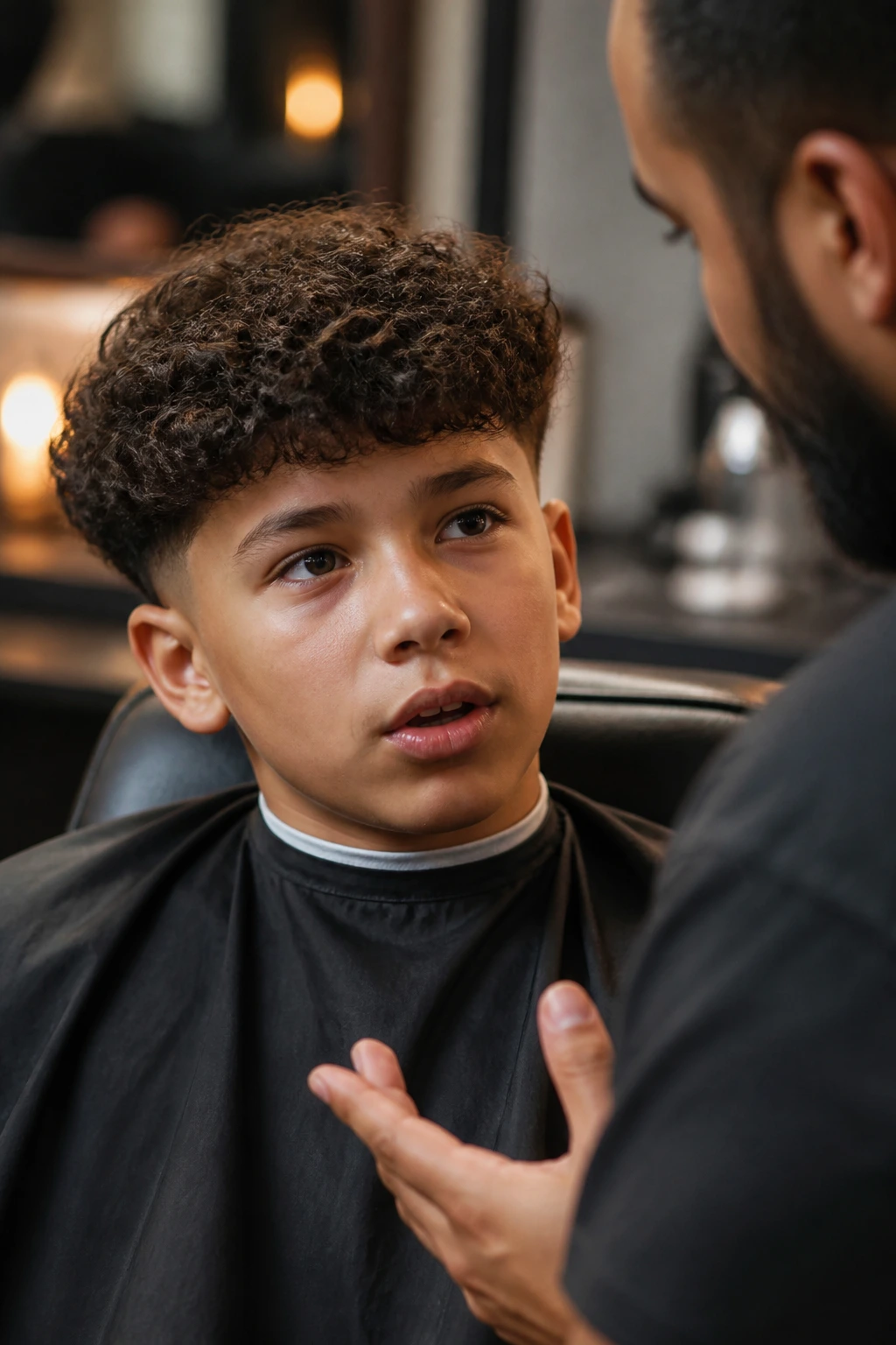 Close-up of a boy in a barber chair discussing haircut with barber.