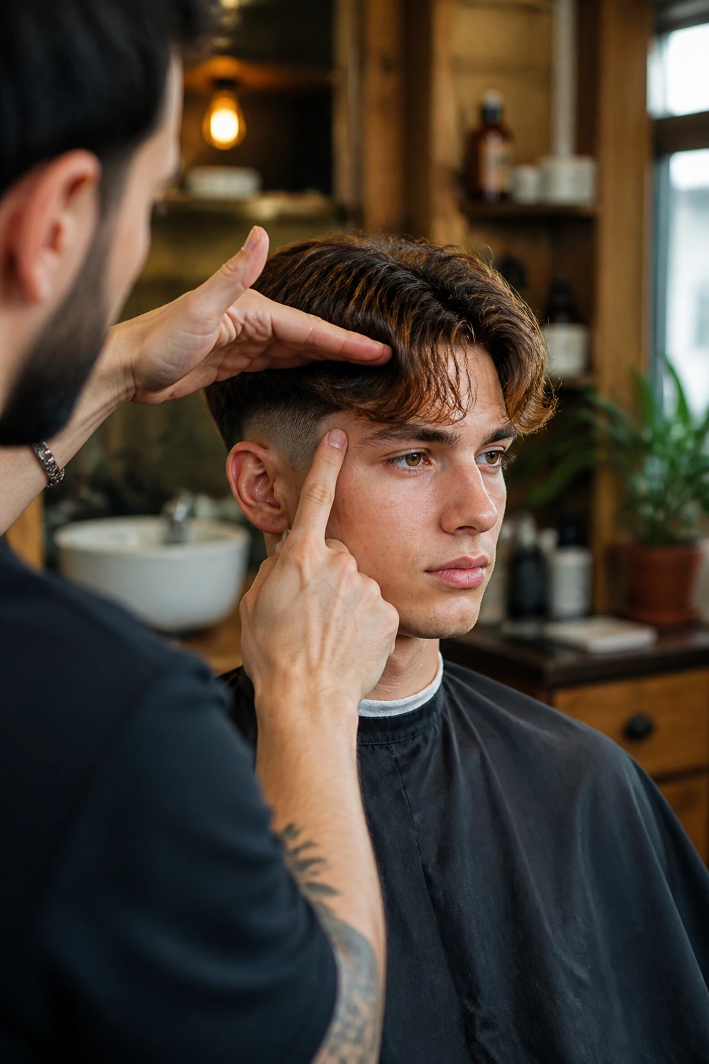 Close-up of barber consultation focusing on fade height and fringe direction on a real client