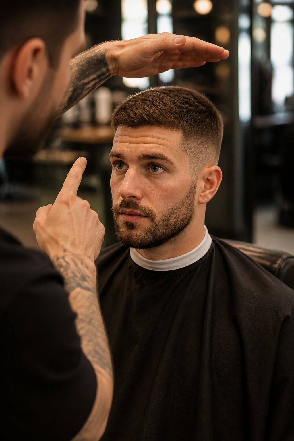Medium close-up of a man in a barber chair during barber consultation