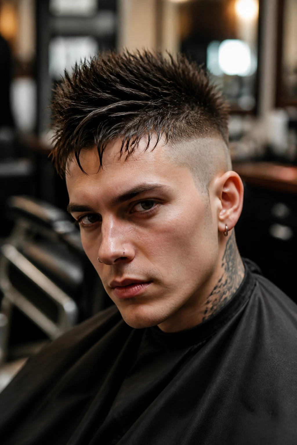 Close-up of a real person with a punk haircut in a barbershop setting during consultation.
