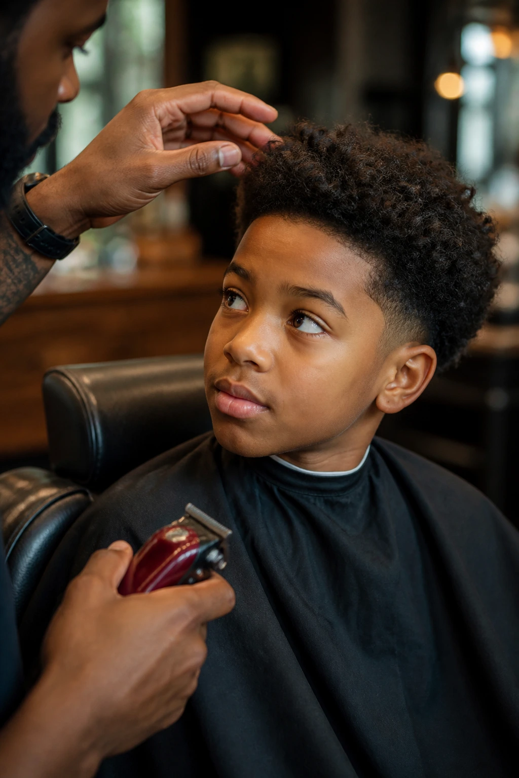 Close-up of a real Black boy in a barber chair discussing haircut details with barber.