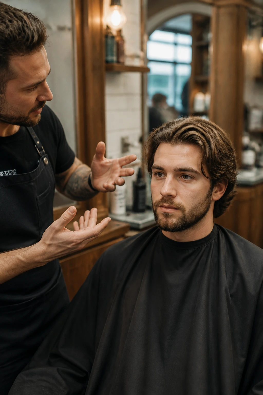 Close-up of a man in a barber chair discussing hair length with a barber in a warm barbershop.
