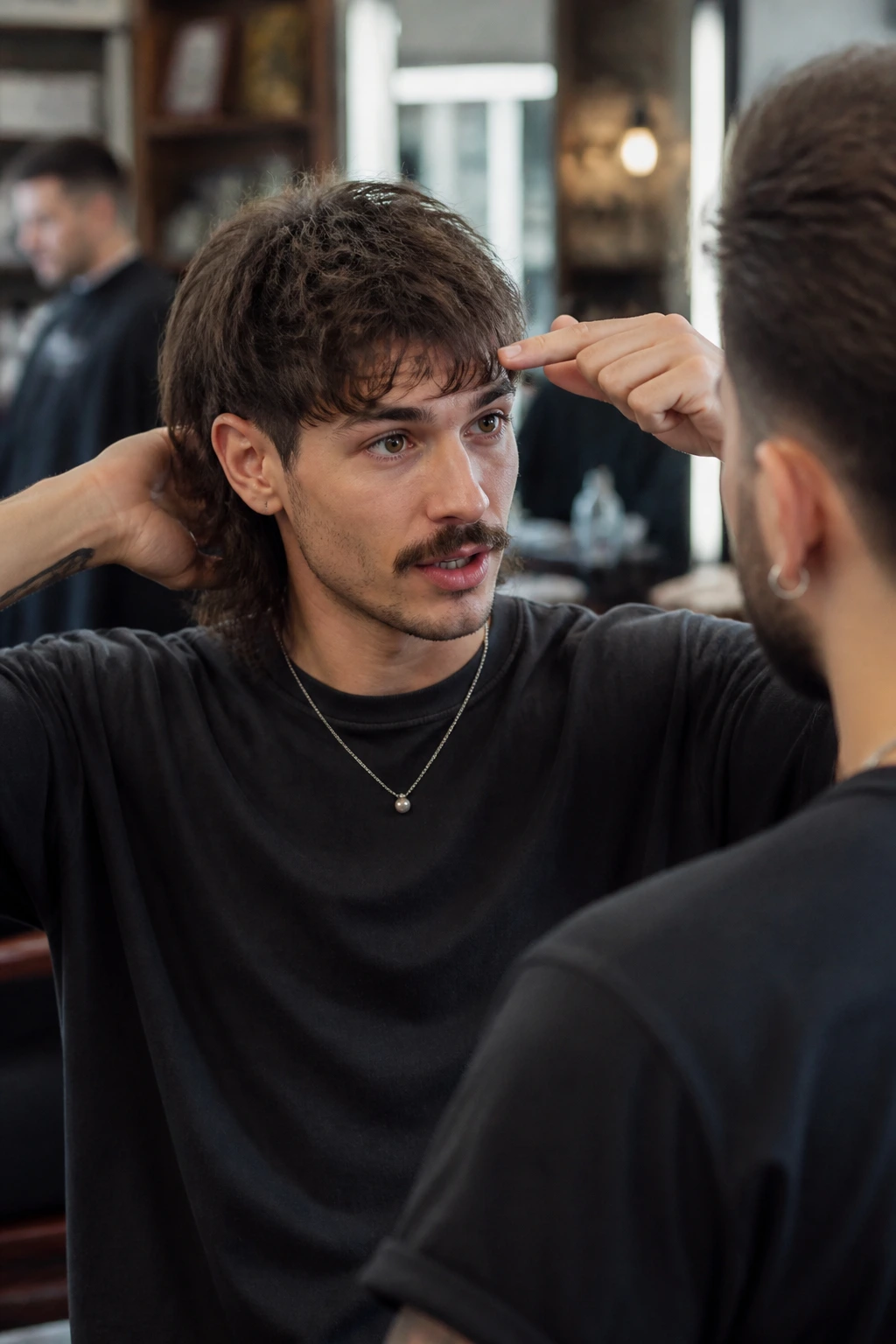 Real person explaining haircut details to a barber in a salon