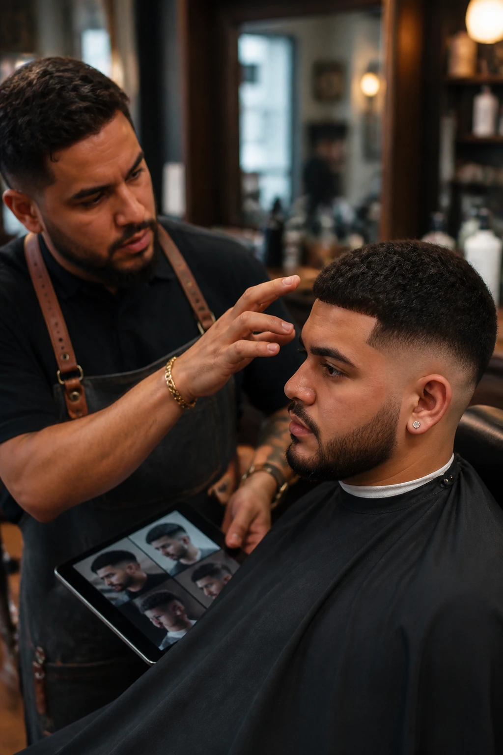 Real client in barber chair during consultation about top length and fade