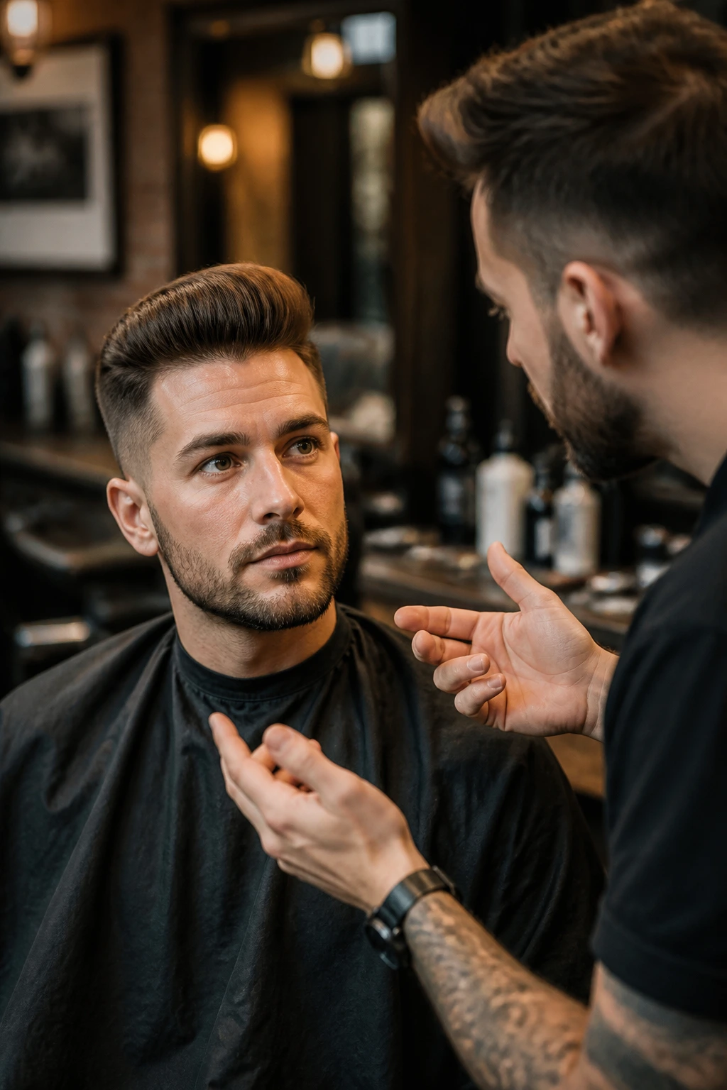 Man in barber chair discussing haircut with barber