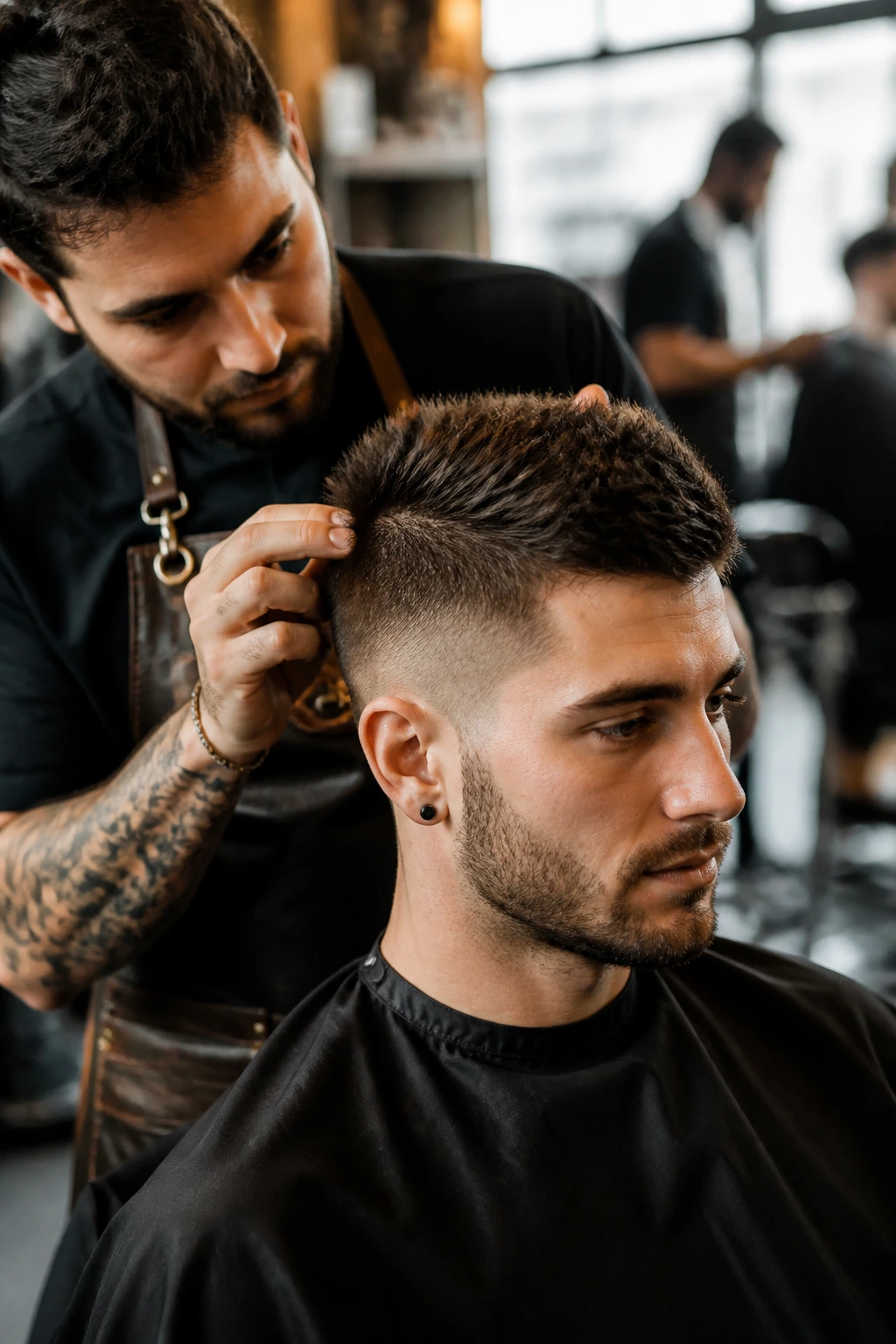 Man in barber chair discussing a spiky haircut with barber in warm shop light