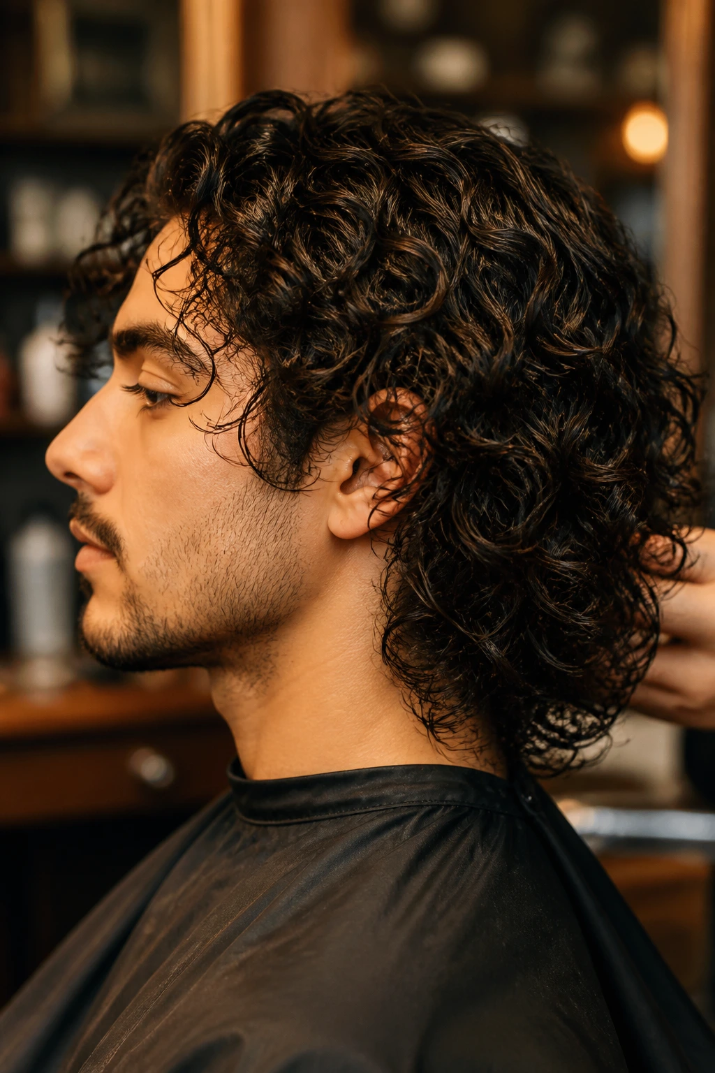 Side-profile of man with long curly hair in barber chair