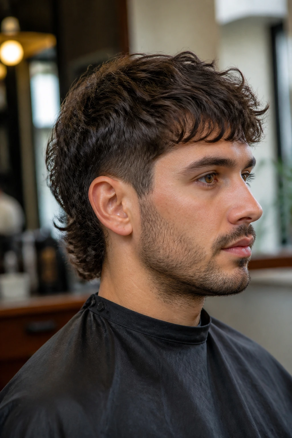 Portrait of a real person with a short wavy mullet in a barbershop setting
