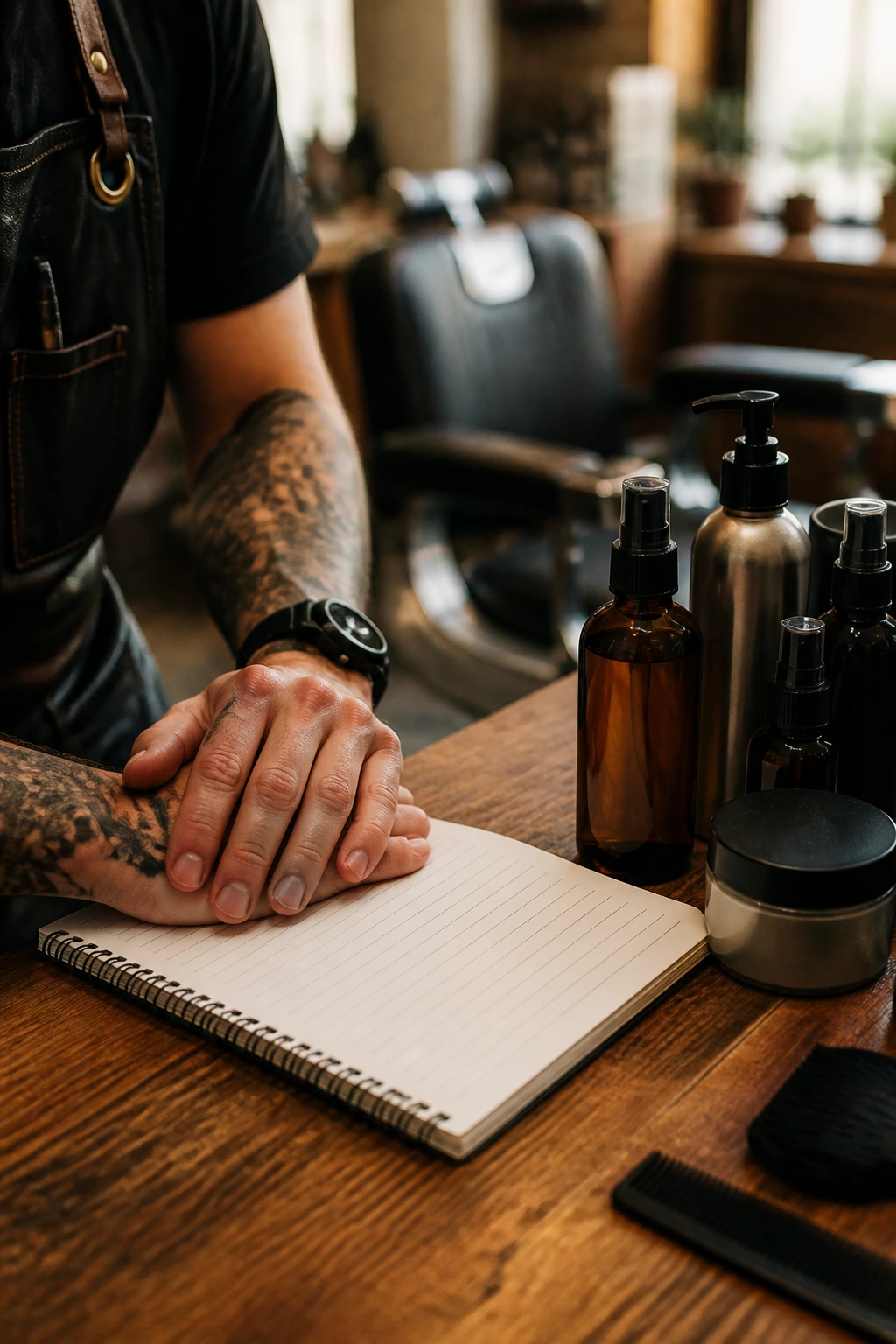 Barber hands on blank notebook with hair products in a warm shop