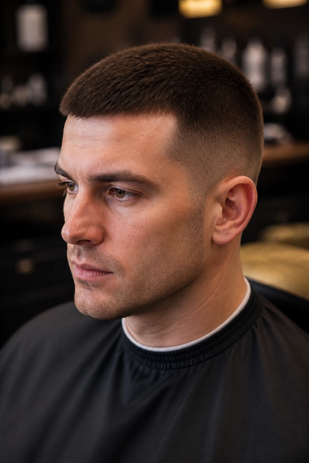 Man in barber chair showing precise crew cut
