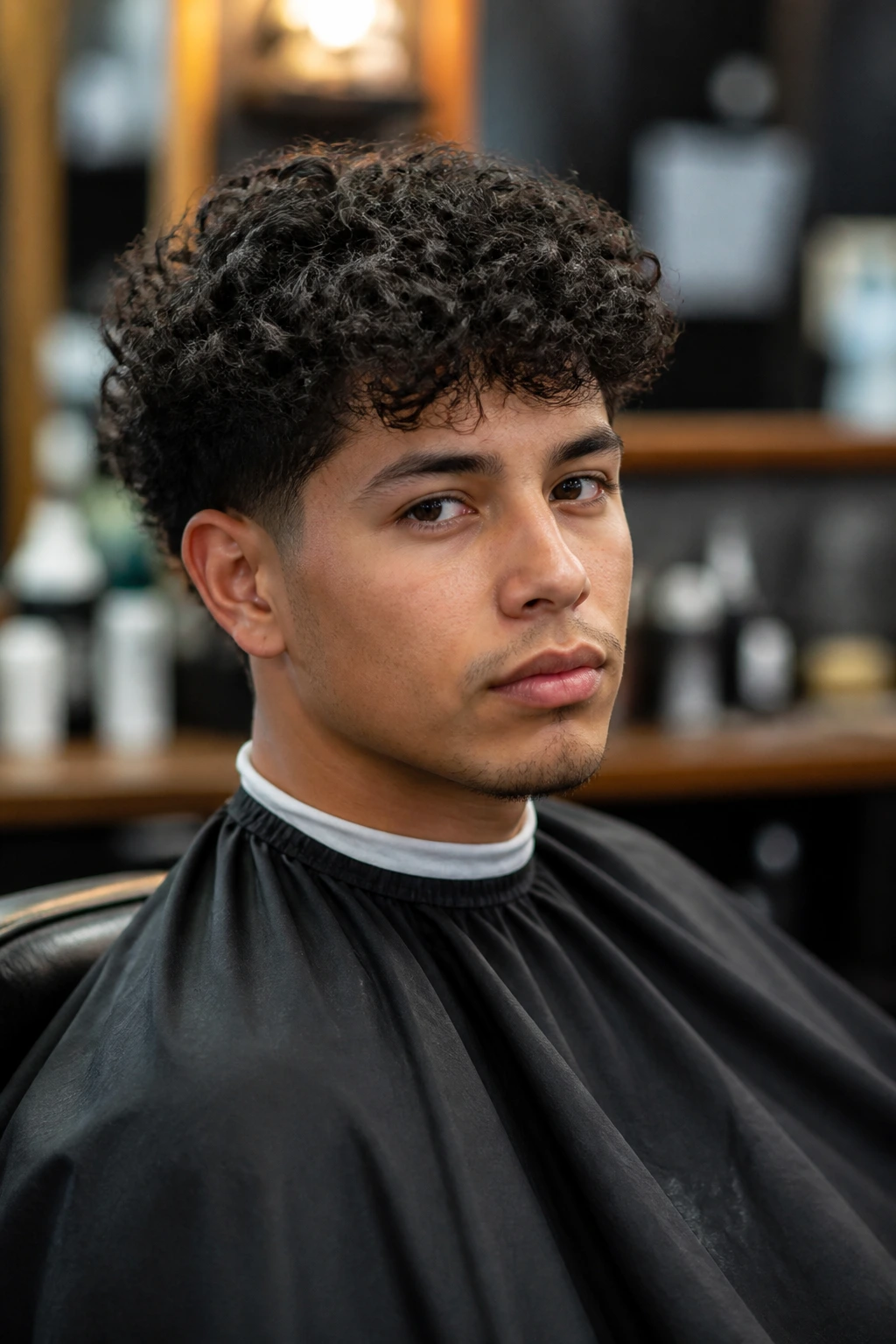 Man in barber chair with calm expression ready for haircut