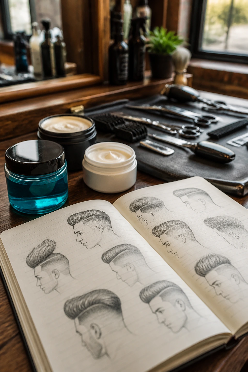 Close-up of barber products and a notebook on a workspace