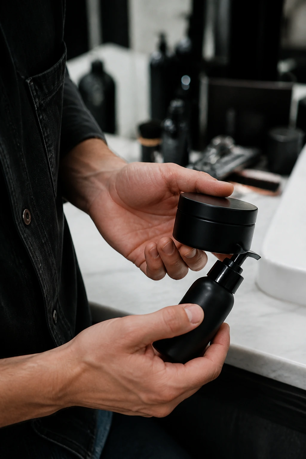 Hands handling plain label-free barber containers on a counter