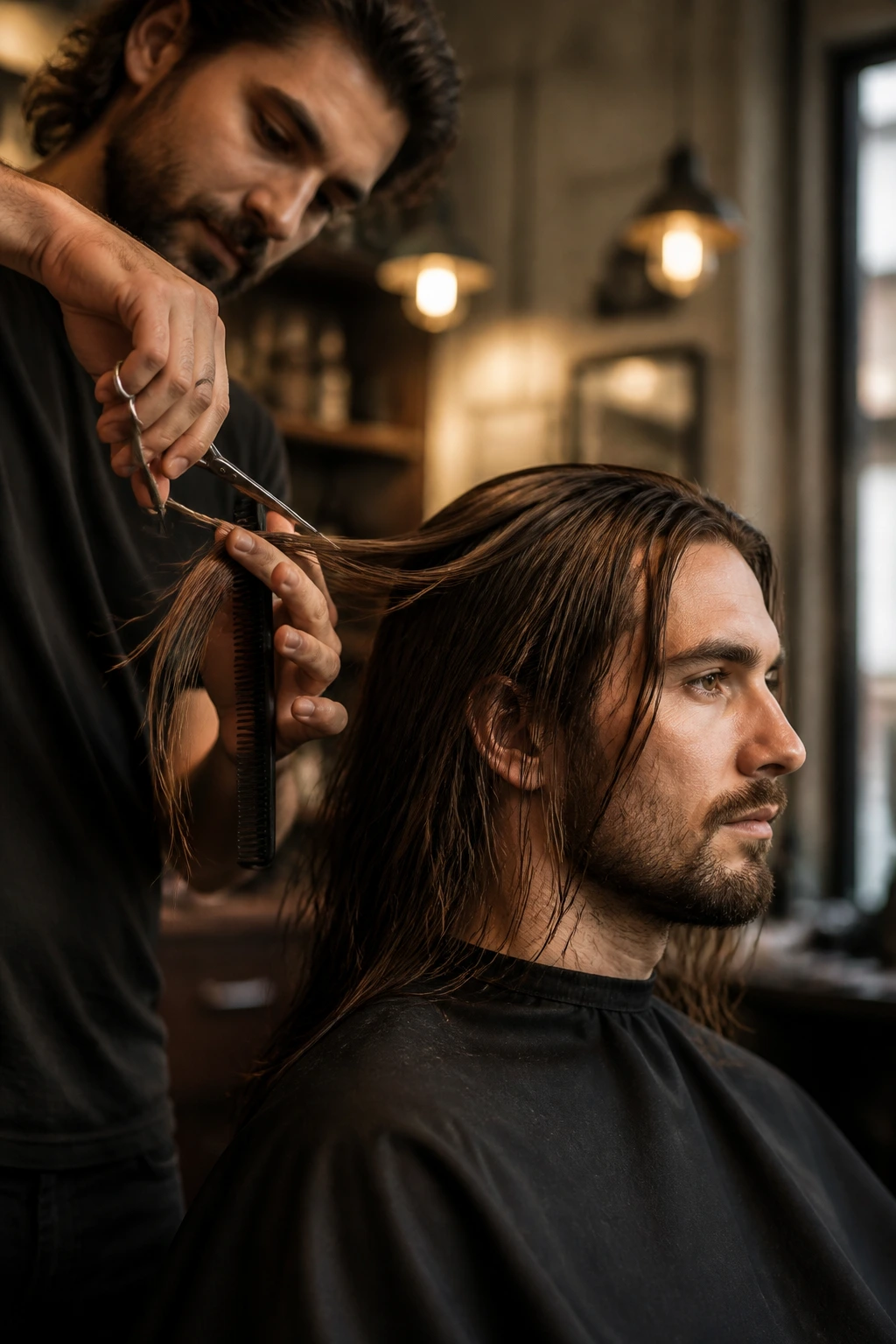 Barber shaping long hair with scissors and comb on real client