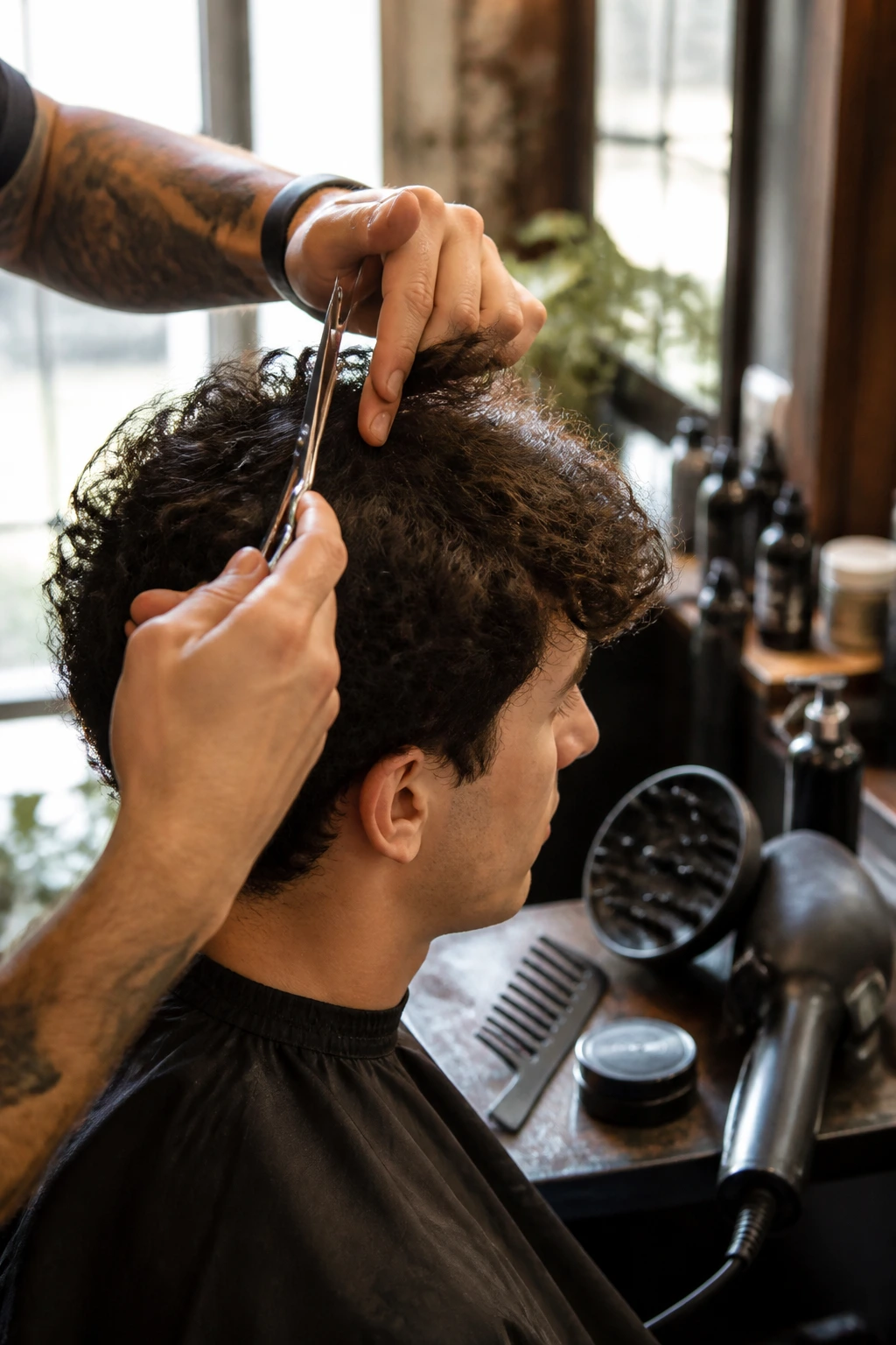 Barber's hands cutting curly hair with tools around at a salon station