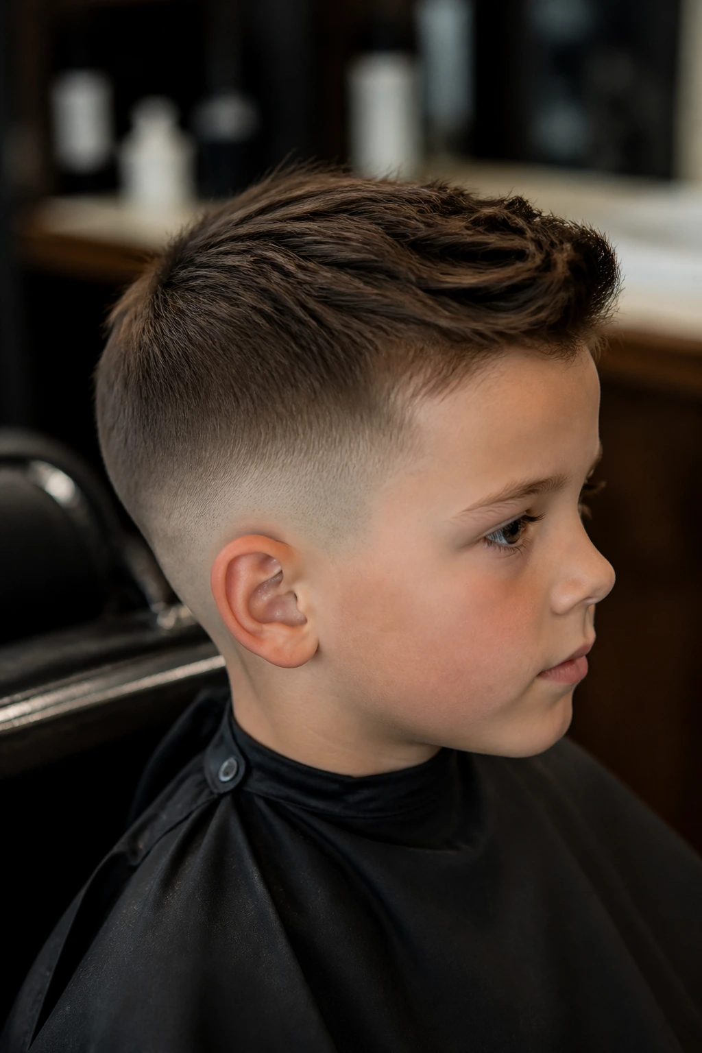 Real boy in barber chair with precise haircut.