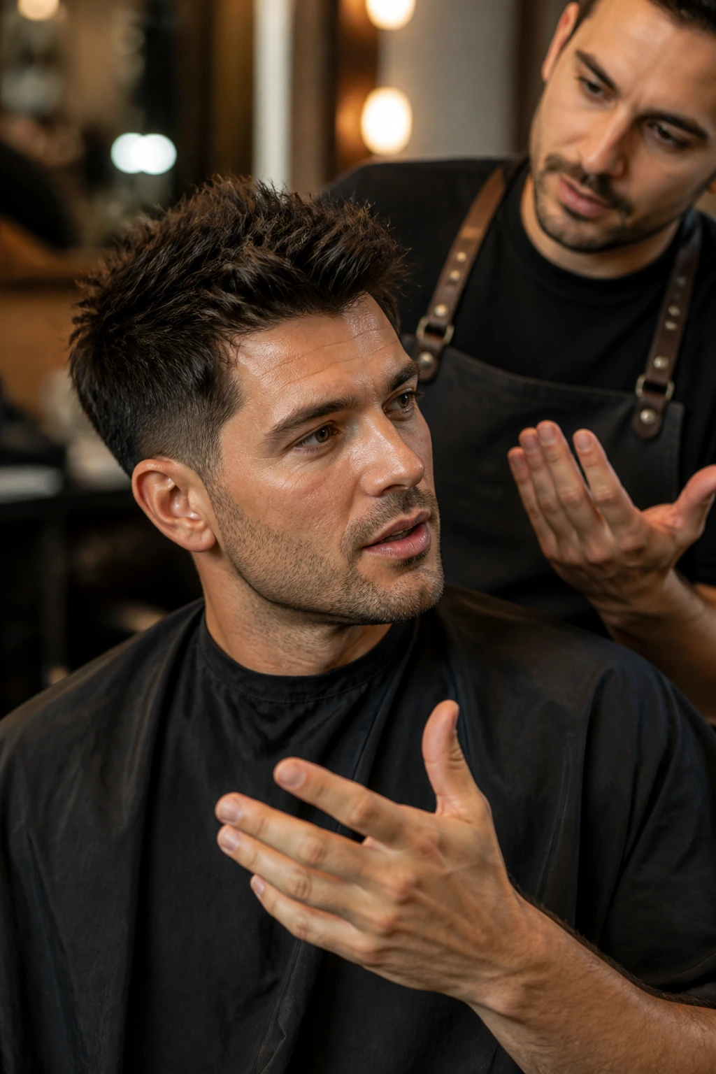 Man in barber chair discussing spike haircut with barber