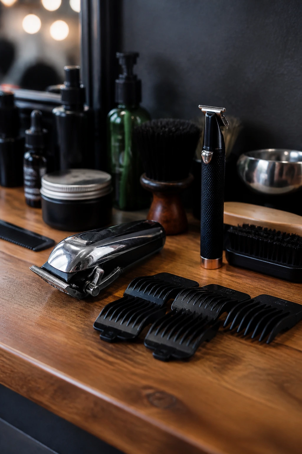 Close-up of barber clippers on a wooden counter.