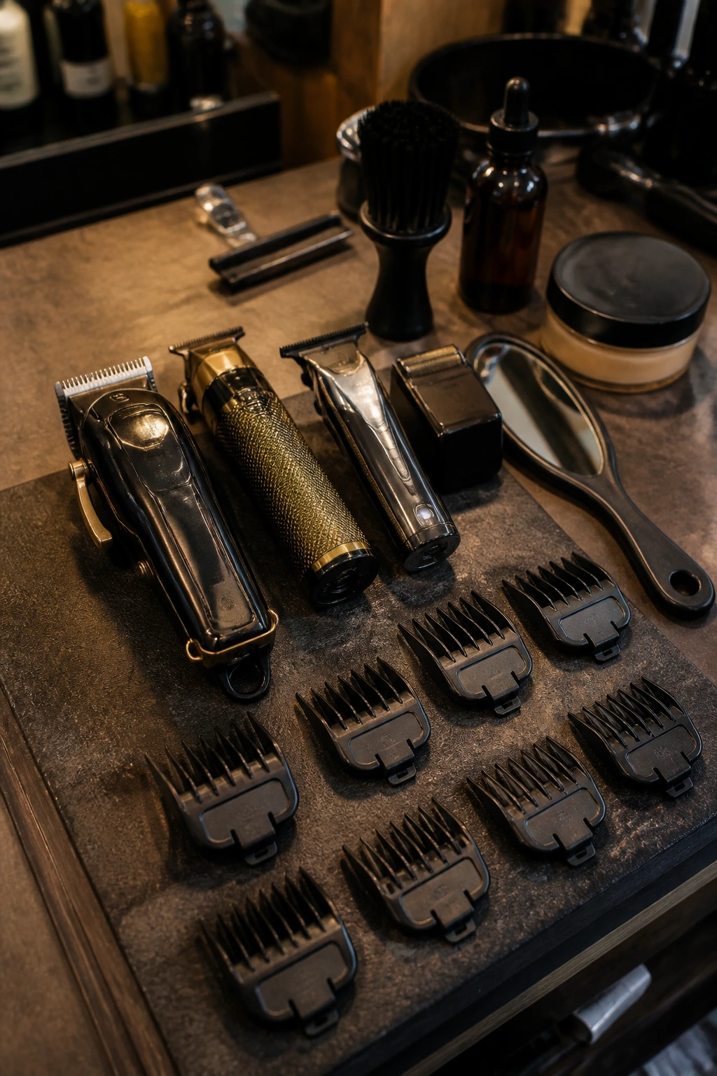 Macro shot of barber clippers and guards on a shop counter