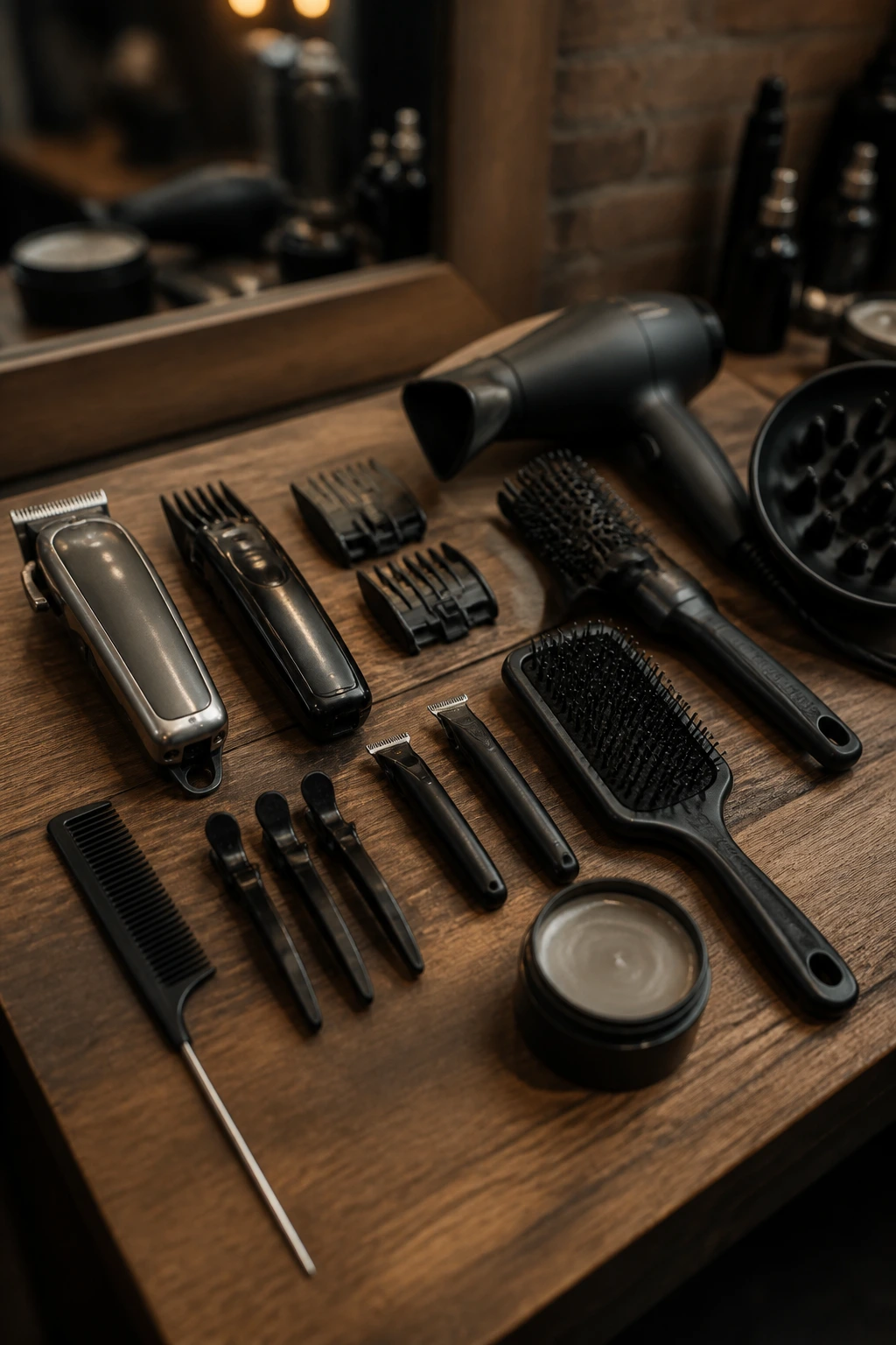 Close-up of essential barber tools for keeping the shape on a workstation.