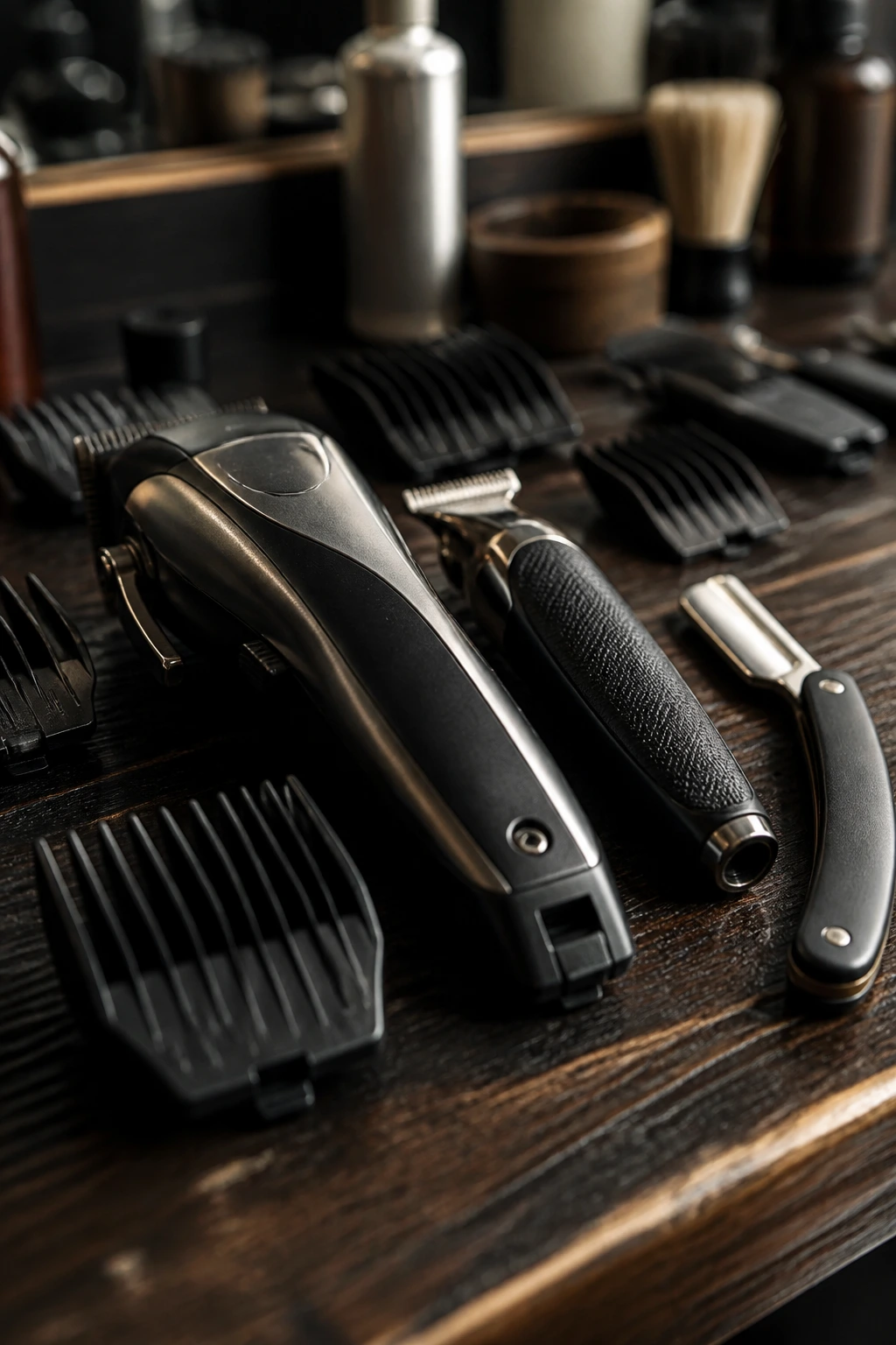 Macro shot of barber tools for shaping short hair