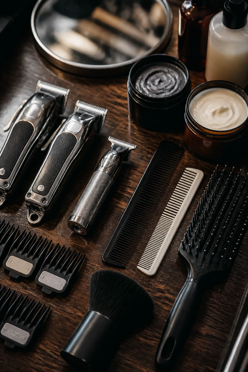 Top-down view of barber tools including clippers, trimmer, and products