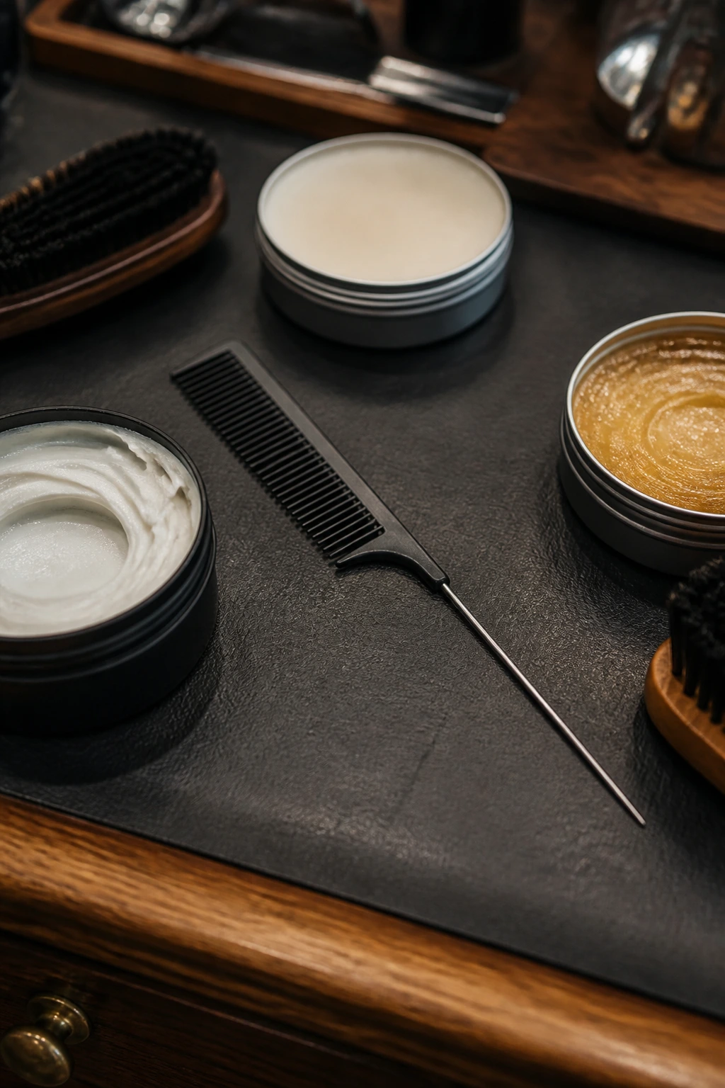 Still life of essential barber tools including rat-tail comb and pomade