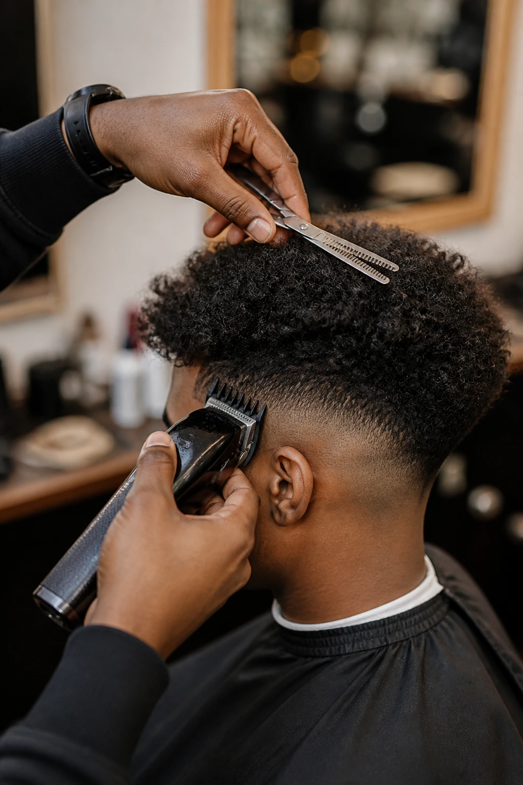 Close-up of barber hands using clippers and thinning shears on a curly fade.
