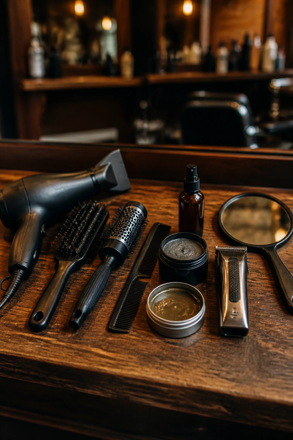 Close-up of essential barber tools arranged on a counter in a barbershop setting