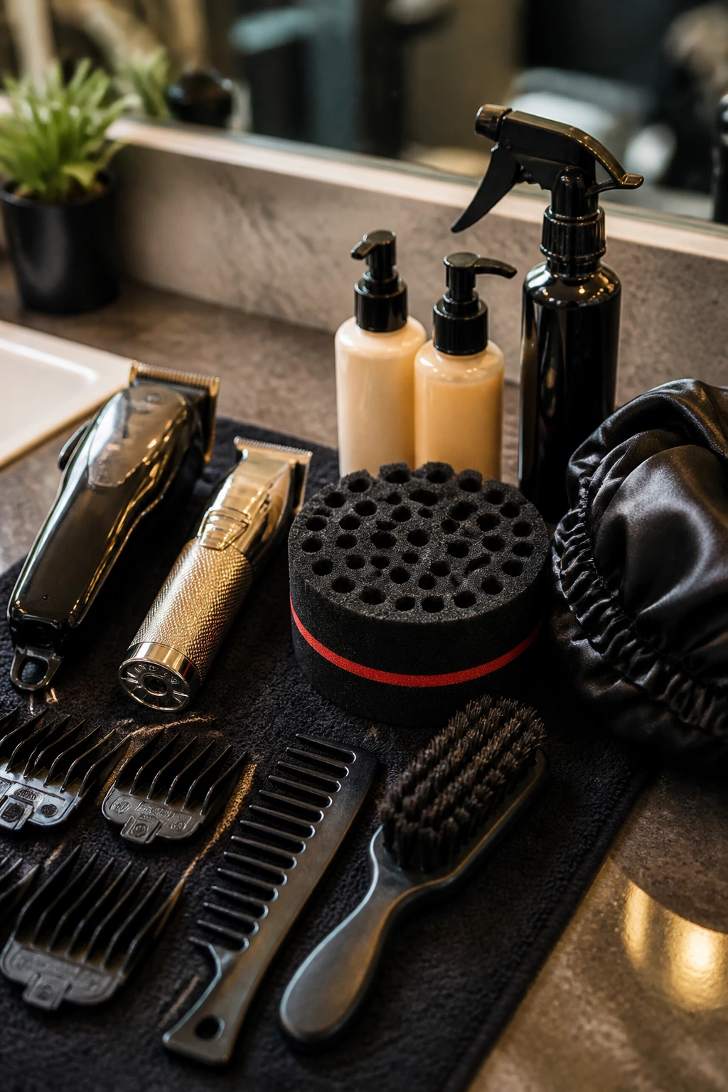 Close-up of barber tools and hair care products arranged on a counter.