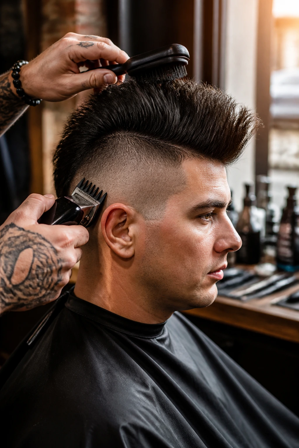 Man in barber chair with barber using clippers on the sides of mohawk.