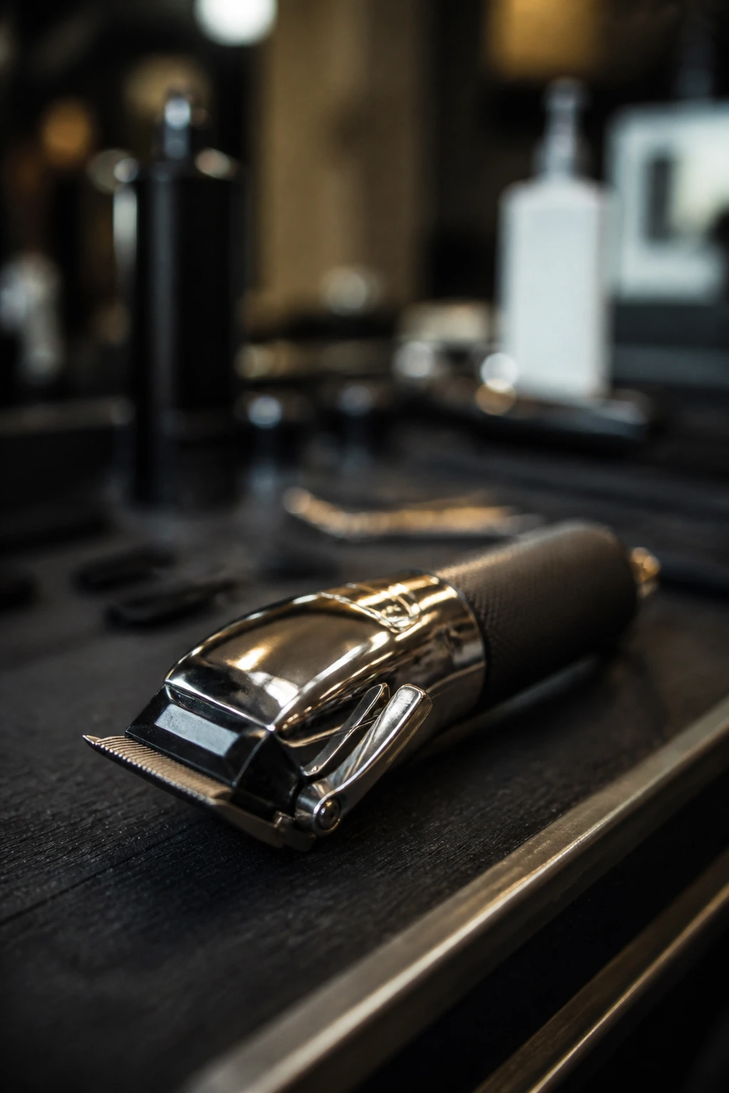 Close-up of a barber trimmer on a dark station with blurred barber shop background.