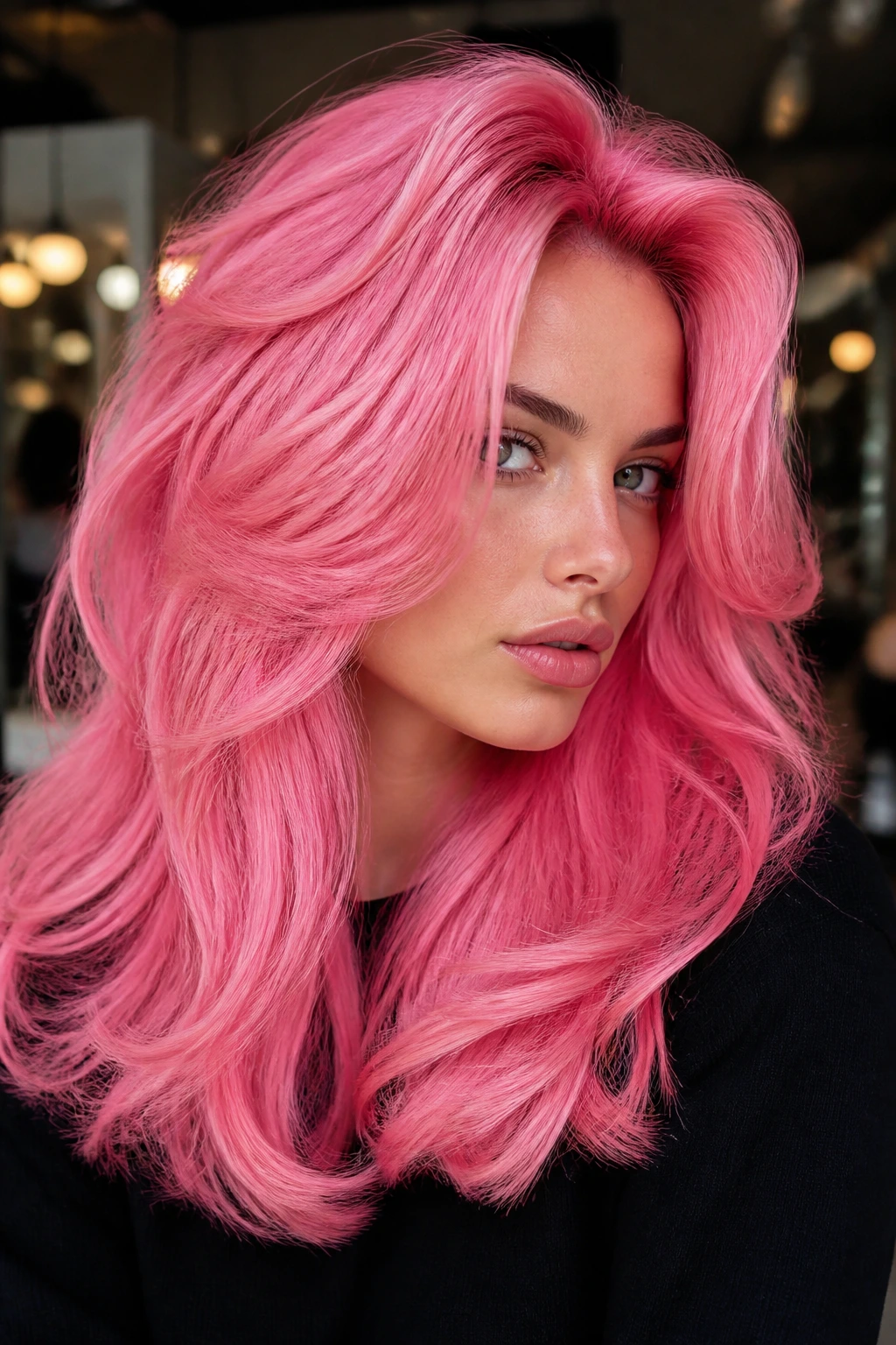 Close-up of a real woman with a voluminous Barbie pink blowout.