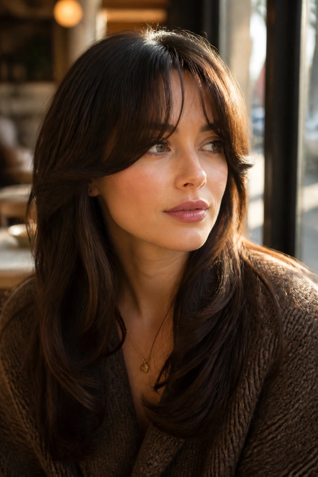 Close-up of a real woman with rounded Bardot bangs curving away from the eyes