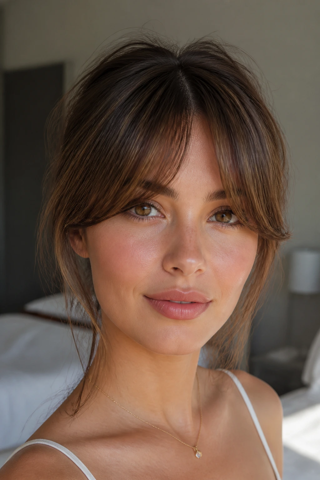 Close-up of a real woman with curved Bardot bangs and middle part in a warm room
