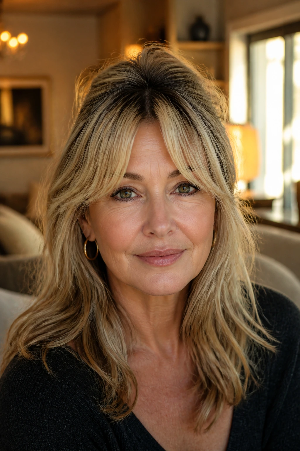 Portrait of a real woman with Bardot bangs lifted at the center