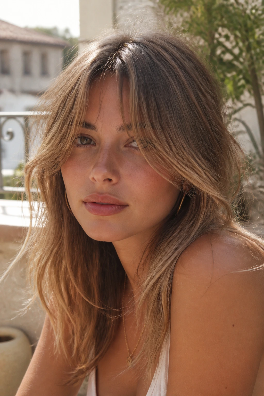 Close-up portrait of a real woman with Bardot bangs drifting away from the forehead